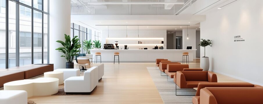 Co-working lounge with sleek furniture, a coffee bar, and open floor plans, encouraging informal discussions and networking