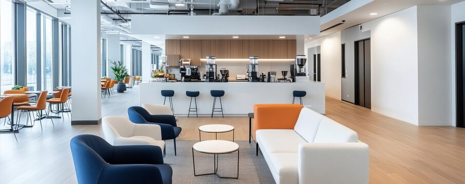 Co-working lounge with sleek furniture, a coffee bar, and open floor plans, encouraging informal discussions and networking