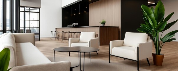 Co-working lounge with sleek furniture, a coffee bar, and open floor plans, encouraging informal discussions and networking