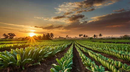 a banana farm field, sun kissed, sunset time