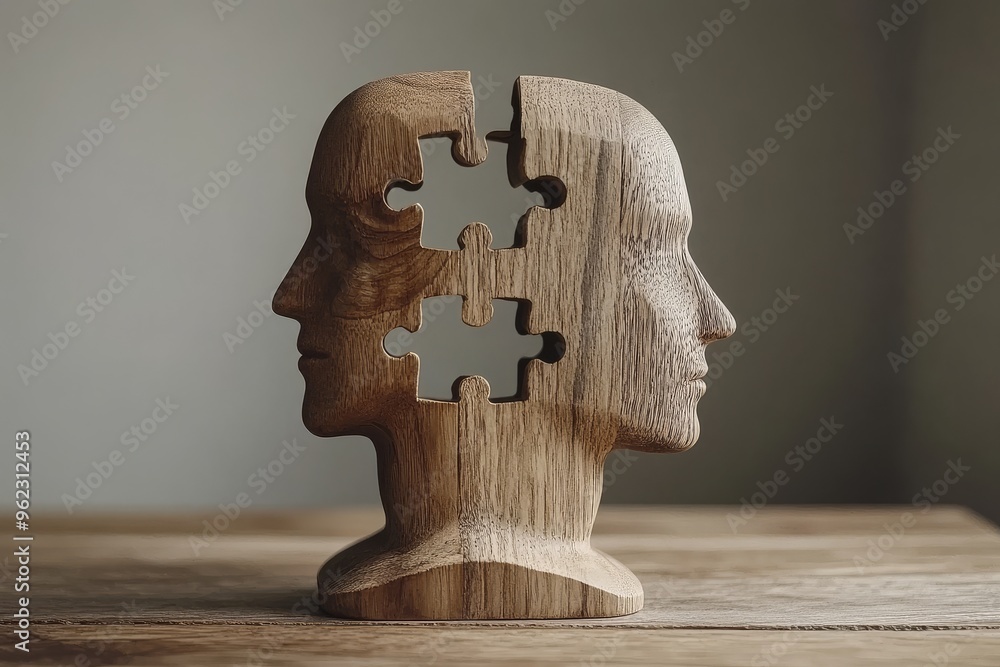 Poster empathic connection cognitive neuroscience wooden sculpture of dual heads with a puzzle piece missin