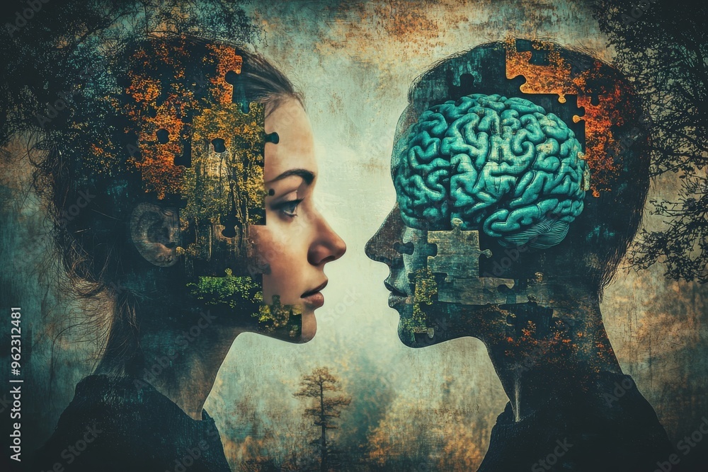 Poster synchronization in conversation cognitive neuroscience double exposure portrait with a womans face a