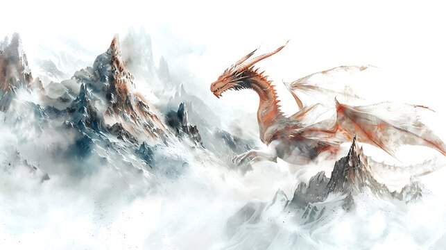 A digital painting of a fantasy dragon soaring over mountains on a solid white background. 32k, full ultra hd, high resolution