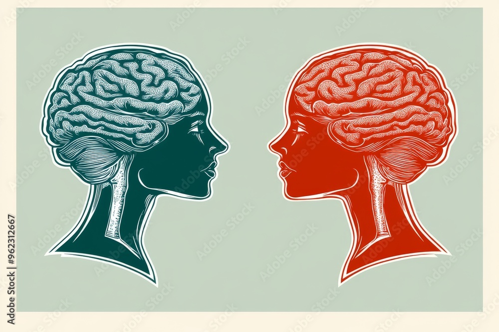 Poster collaborative thinking cognitive neuroscience retro styled brain illustration of two heads in red an