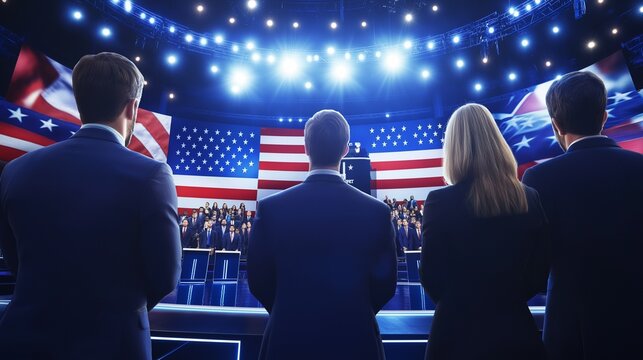 Back view of political candidates facing a large audience and US flag during a debate