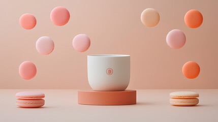Colorful macarons floating near a cup on a table.