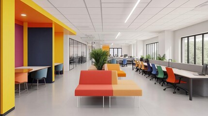 Creative co-working hub with colorful decor, brainstorming zones, and collaborative workspaces, inspiring innovation