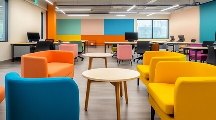Creative co-working hub with colorful decor, brainstorming zones, and collaborative workspaces, inspiring innovation