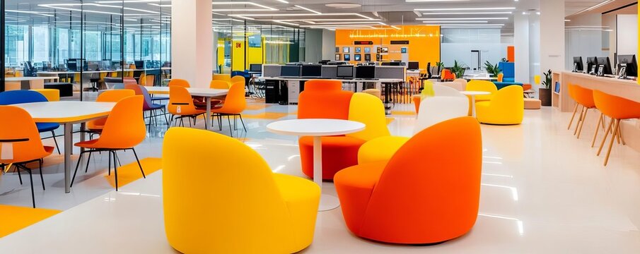 Creative co-working hub with colorful decor, brainstorming zones, and collaborative workspaces, inspiring innovation