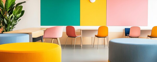 Creative co-working hub with colorful decor, brainstorming zones, and collaborative workspaces, inspiring innovation