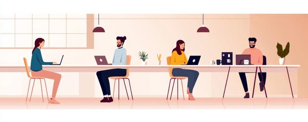 Digital nomads working side by side in a creative co-working space with fast Wi-Fi, coffee stations, and a dynamic environment