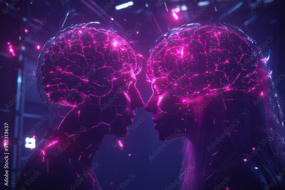 Poster cognitive synchronization cognitive neuroscience neon pink and purple heads with a digital grid symb