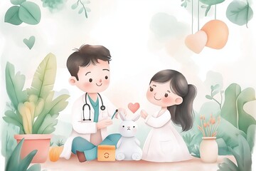 Cute cartoon doctor and child playing with a bunny toy in a garden with heart shapes