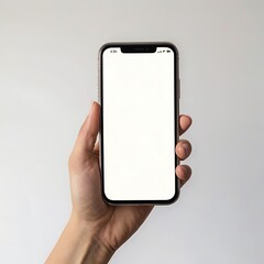 Woman Holding Phone with Blank White Screen on White Background