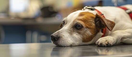 Jack Russell Dog In Veterinary Collar Lies In Clinic On Table Health Care Close Up Shot