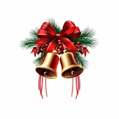 Golden Christmas bells with red ribbon and pine branches. Generative ai