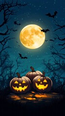 Fototapeta premium Halloween night background with full Moon and pumpkins, illustration