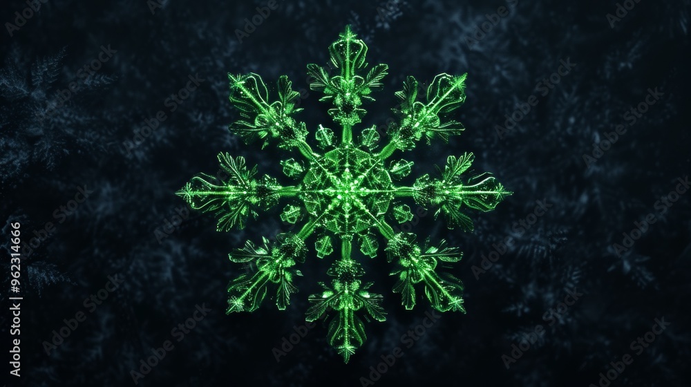 Poster an intricately designed green crystal snowflake is displayed against a dark background. the contrast