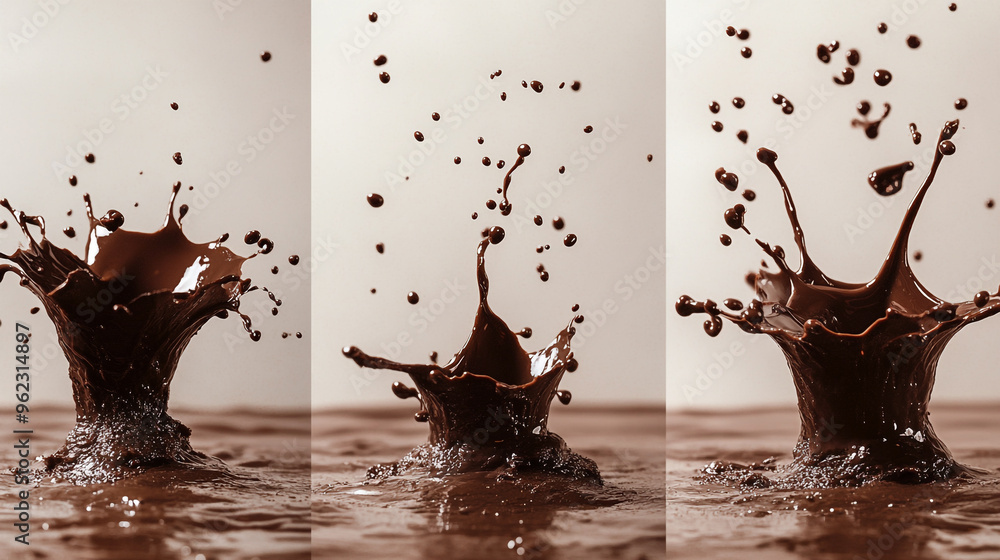 Poster Dynamic chocolate splash captured in three frames showcasing the impact of a droplet on the surface at close range