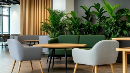 Open, airy co-working environment with ergonomic furniture, greenery, and natural light, creating a refreshing work vibe