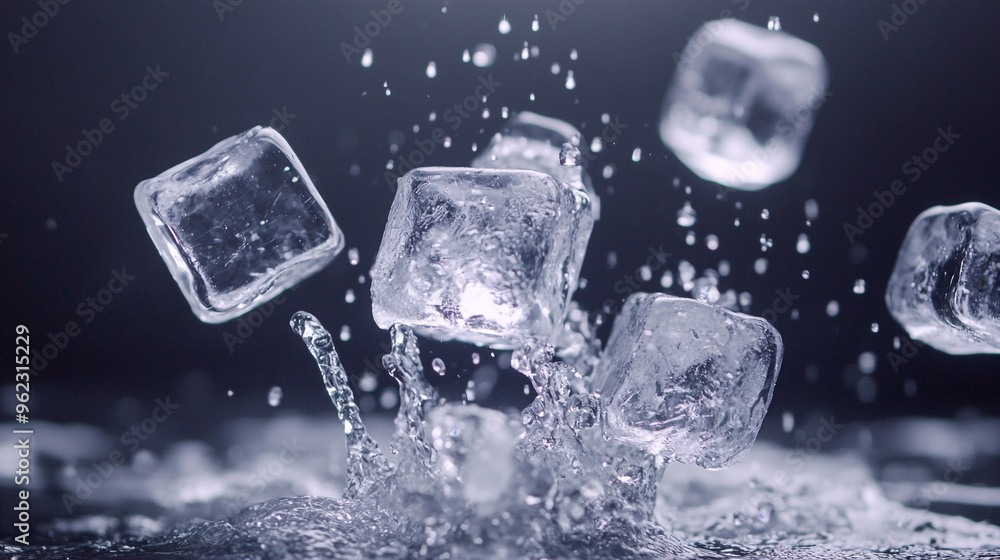 Poster chilled ice cubes splashing into water with droplets in a dark setting showcasing motion and freshne