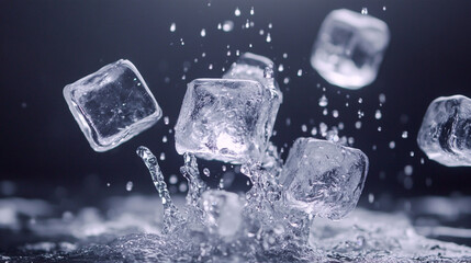 Chilled ice cubes splashing into water with droplets in a dark setting showcasing motion and freshness