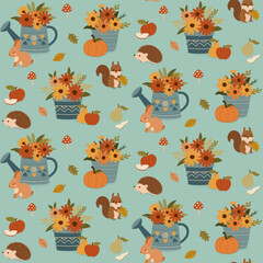 Autumn pattern with cute animals and flowers
