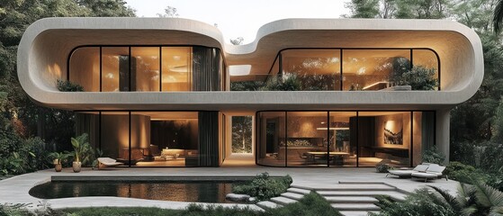 Obraz premium Modern Concrete House with a Curved Design and a Pool