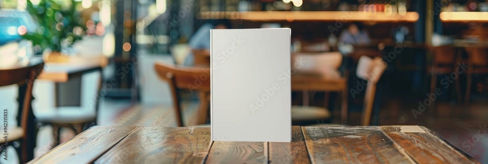 Poster menu mockup presentation in a dining environment with a blank booklet featuring white pages on a woo