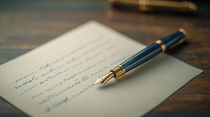 A close up of fountain pen resting on handwritten letter, conveying sincere apology. elegant design of pen adds touch of sophistication to heartfelt message.