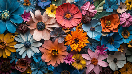 A vibrant tapestry of colorful paper flowers arranged artistically against a dark background