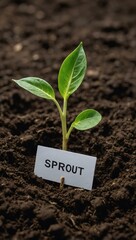 Close-up of a young green sprout in soil, with a blank white mock-up sign for pricing and labels, allowing space for text or design.