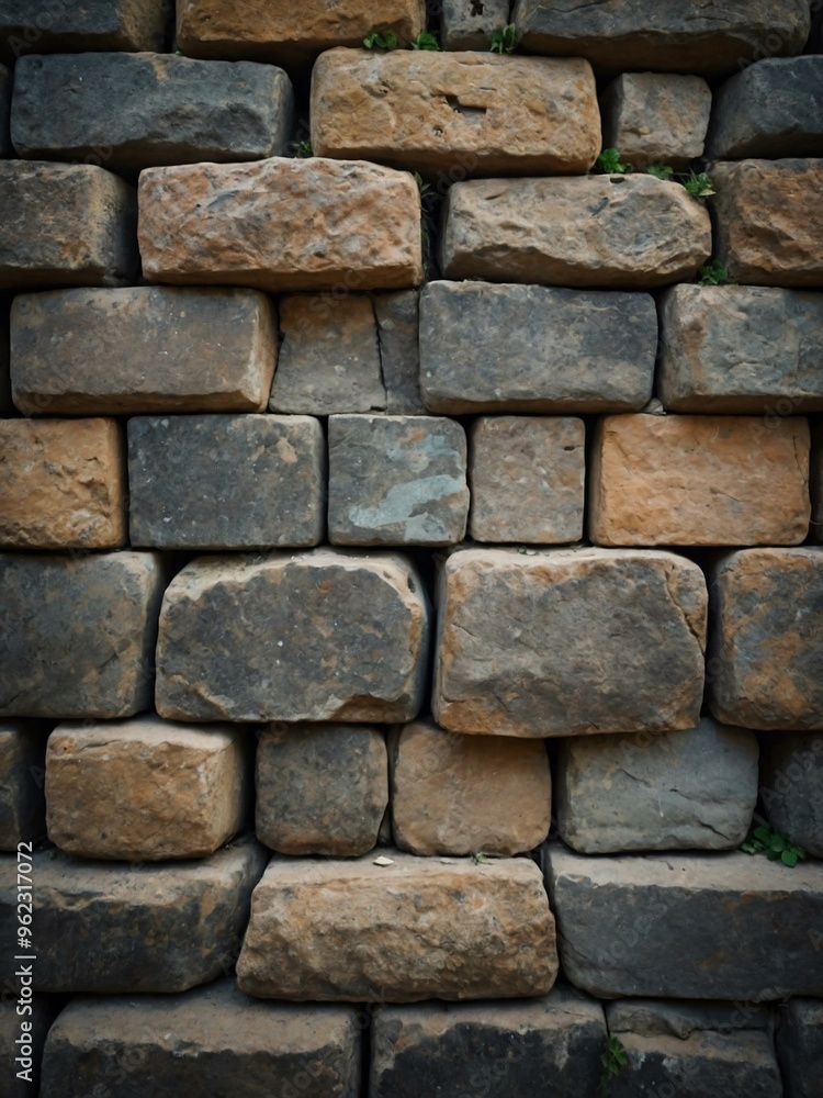 Poster close-up of an ancient stone wall with weathered square blocks, perfect for adding text or design.