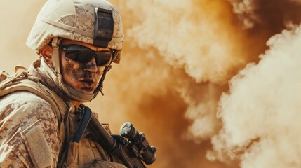 Soldier in Action Amidst Smoke
