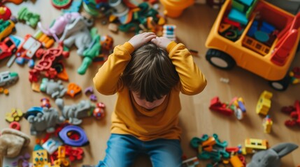 A young child sits on the floor of a cluttered playroom, holding their head in frustration. The room is scattered with colorful toys, creating a chaotic atmosphere, emphasizing the challenges of