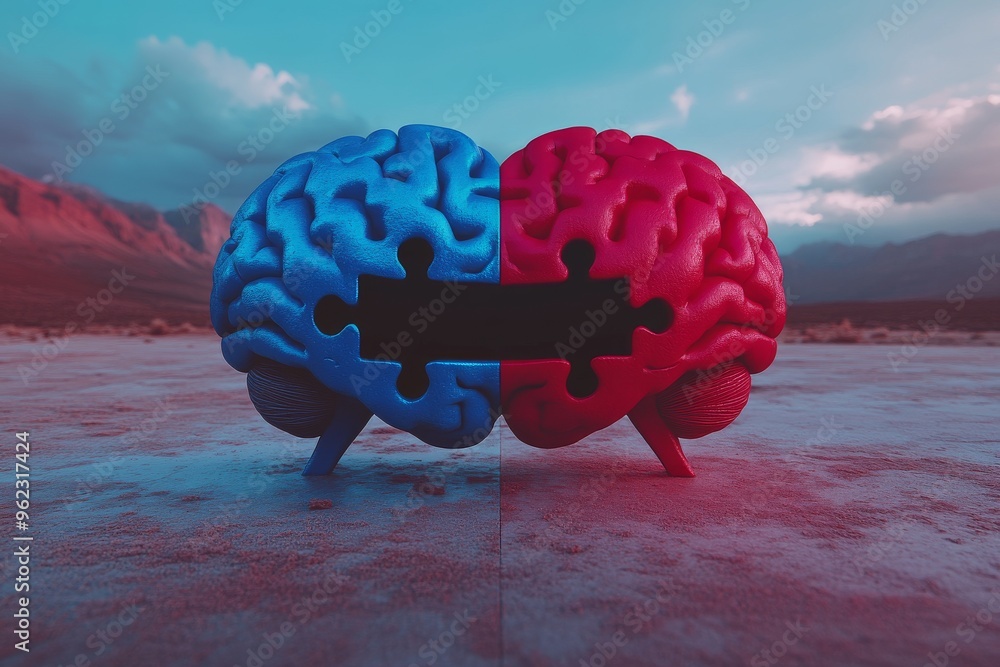 Poster interpersonal neural dynamic cognitive reserve red and blue puzzle piece brains in a desert landscap