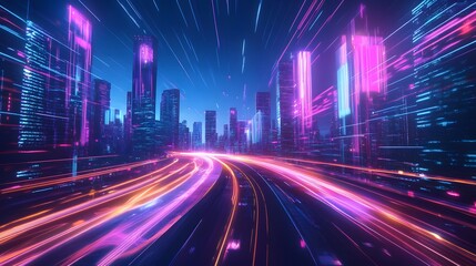 Obraz premium A futuristic cityscape with neon lights and skyscrapers, serving as a background for a video game or motion graphics