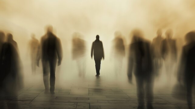 A solitary figure stands out amidst a crowd of blurred people in a misty, ethereal environment. This image conveys themes of isolation, loneliness, and social alienation, making it ideal for