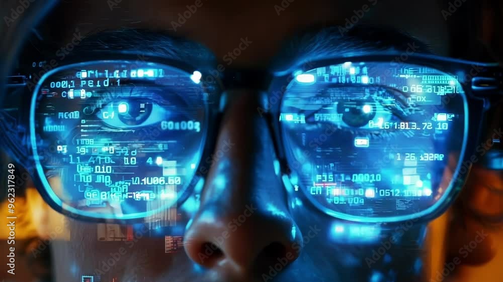 Poster close up of a young programmer working late at night, wearing futuristic augmented reality glasses s