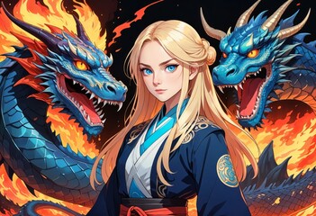 Dynamic Illustration of a Young Woman Surrounded by Fiery Dragons for Fantasy Artwork