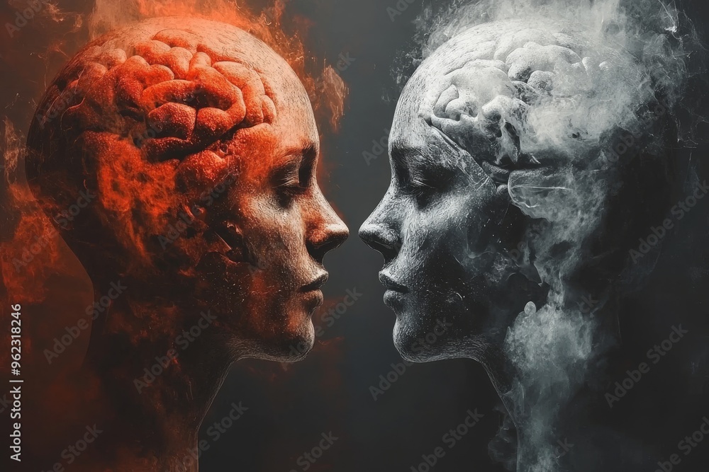 Poster group intelligence cognitive reserve two monochrome profiles facing each other symbolizing the stark