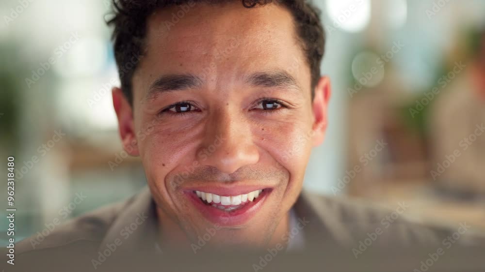 Poster Business man, computer and reading review, problem solving and proofreading article. Smile, creative employee and working on project at startup for research, email or editor squint with face closeup