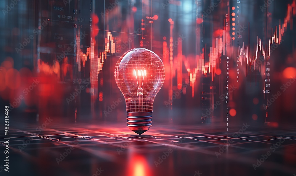 Poster glowing lightbulb on a digital network with financial data