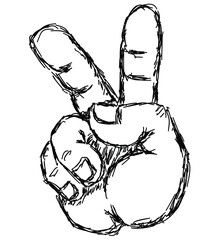Finger gesture PEACE or VICTORY. Pencil sketch doodle. Vector on transparent background