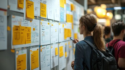 Colorful website wireframes pinned on a wall, collaborative design process, team brainstorming session.
