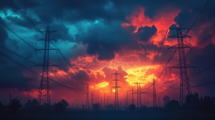 Naklejka premium several electric power poles aligned under a stormy sky, creating an abstract industrial background concept banner