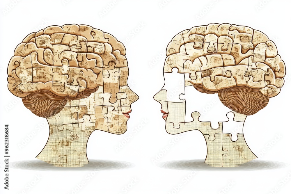 Poster neural interaction cognitive reserve brown and beige puzzle piece heads facing each other representi