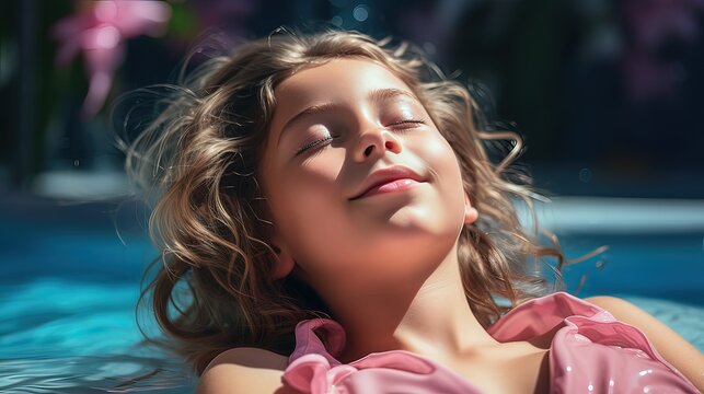 Young girl playing with pink float a snoozing in the pool