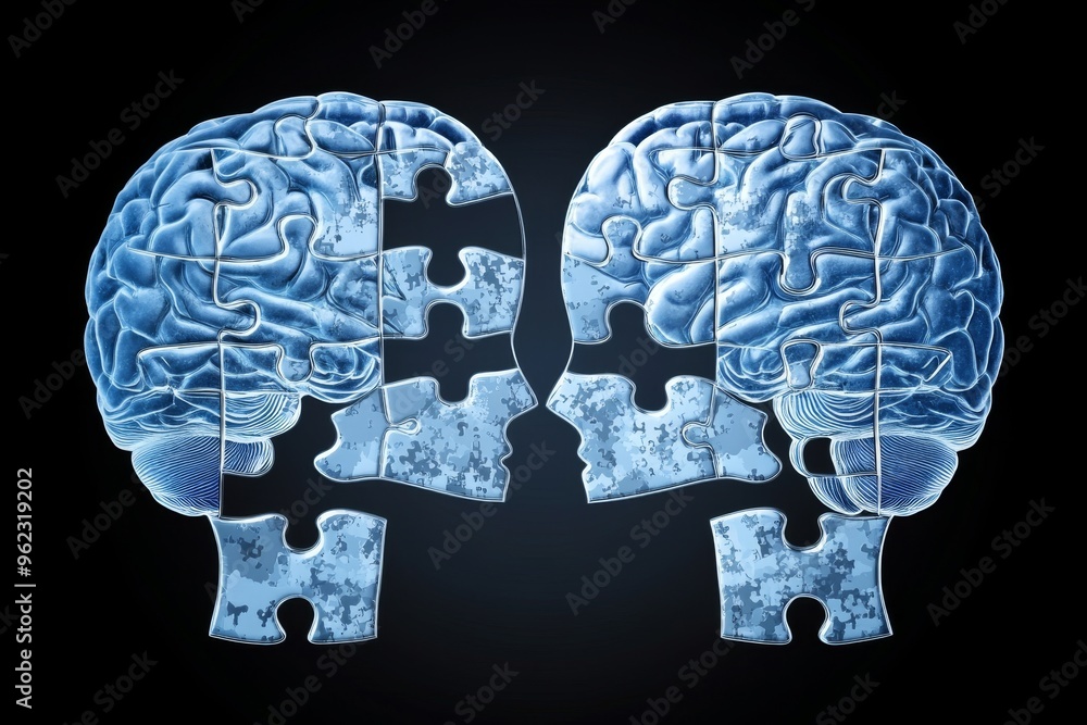 Poster cooperative behavior neurobiological two blue puzzle piece heads facing each other representing the 