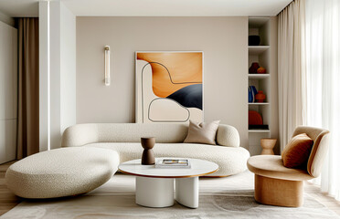 Japandi, minimalist interior design of modern living room with curved sofa.